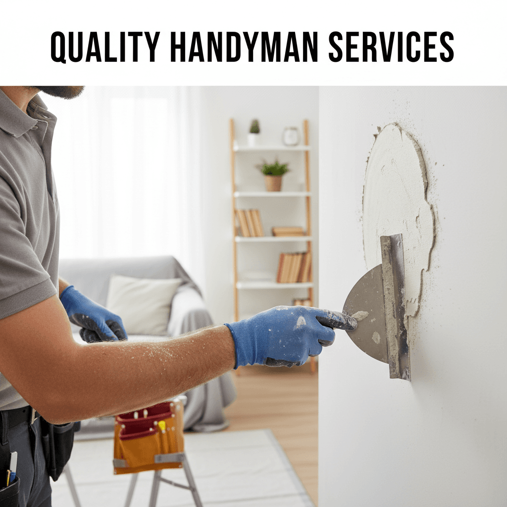 Handyman repairing drywall with precision in a well-lit room