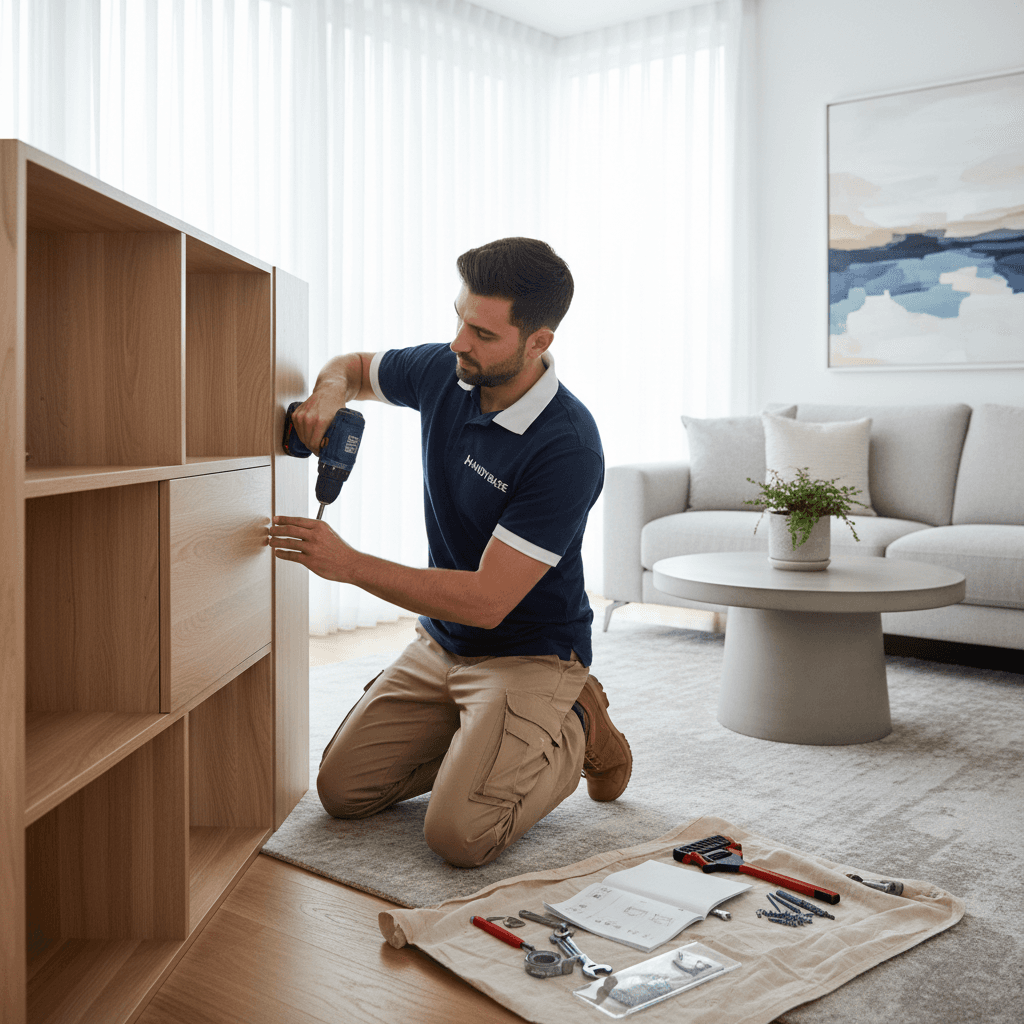 Handyman assembling a bookshelf in a bright living room