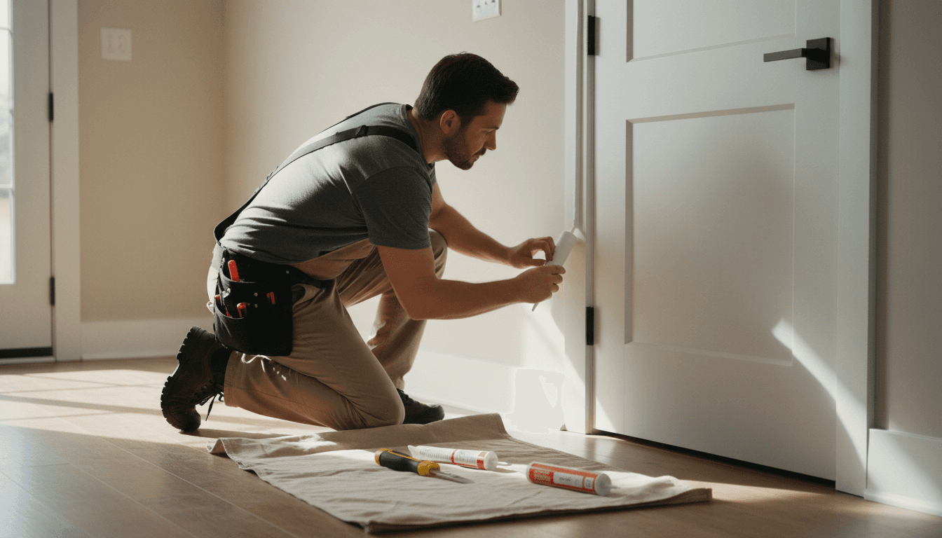 Handyman caulking interior door frame with precision