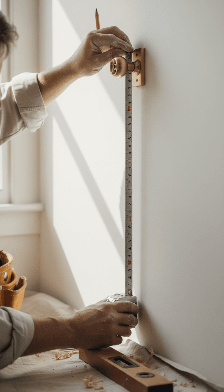 Handyman measuring and checking drywall installation work