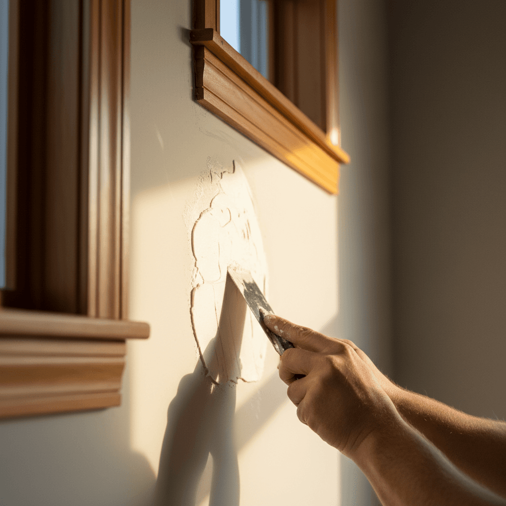 Handyman carefully patching drywall with putty knife