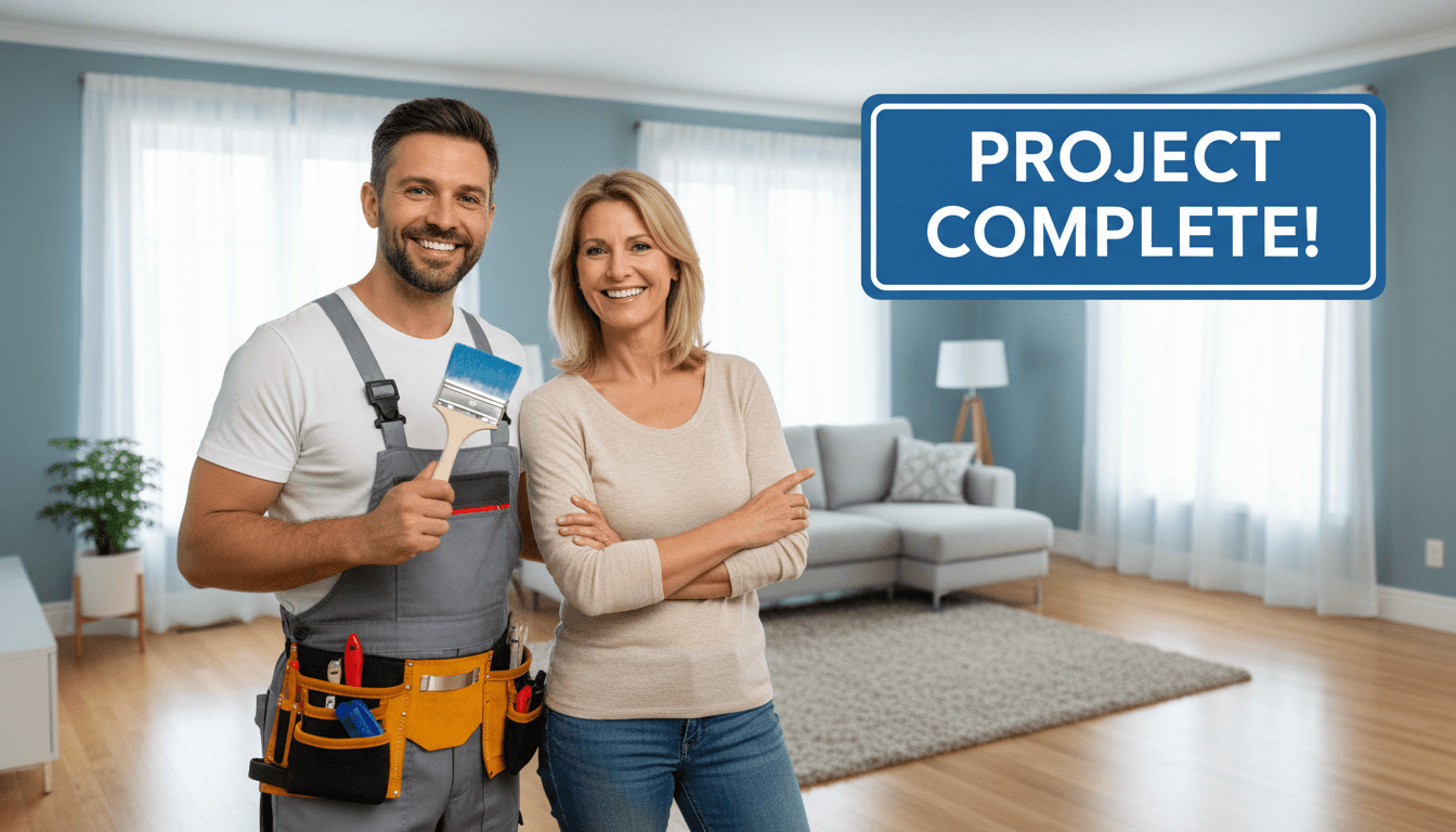 Professional handyman with paint brush standing in completed home project