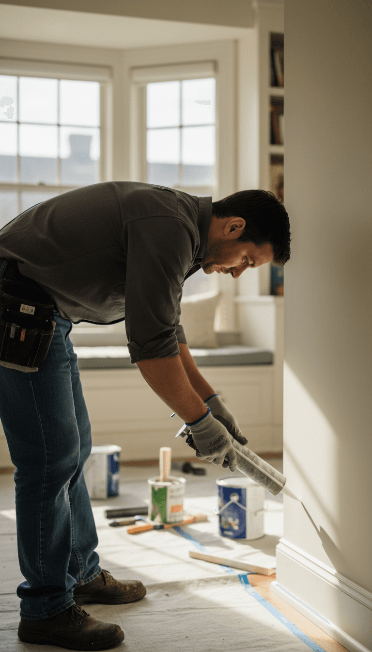 Handyman carefully caulking baseboards in a Boston home with precision and attention to detail