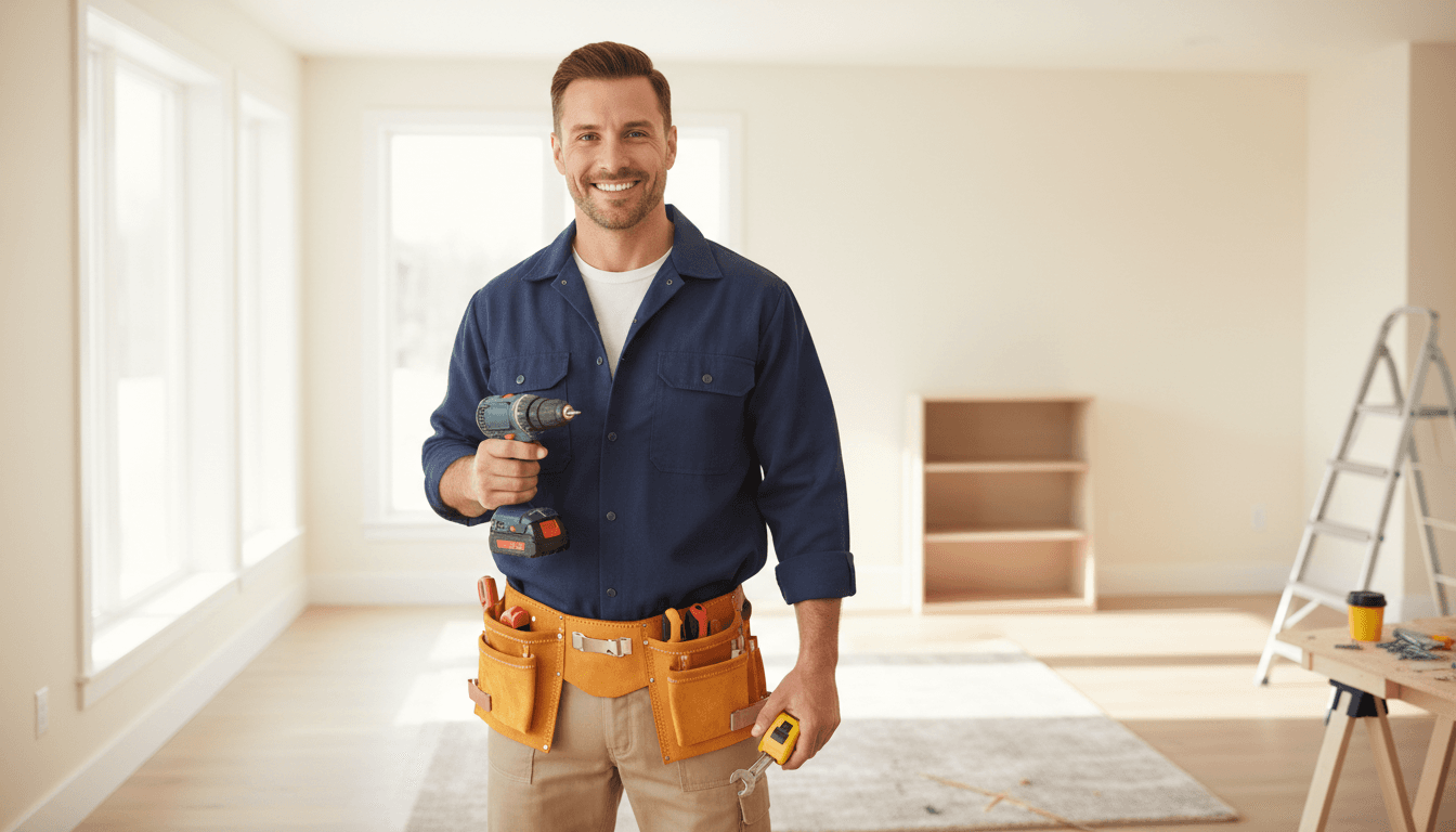 Professional handyman holding tools in a bright home interior