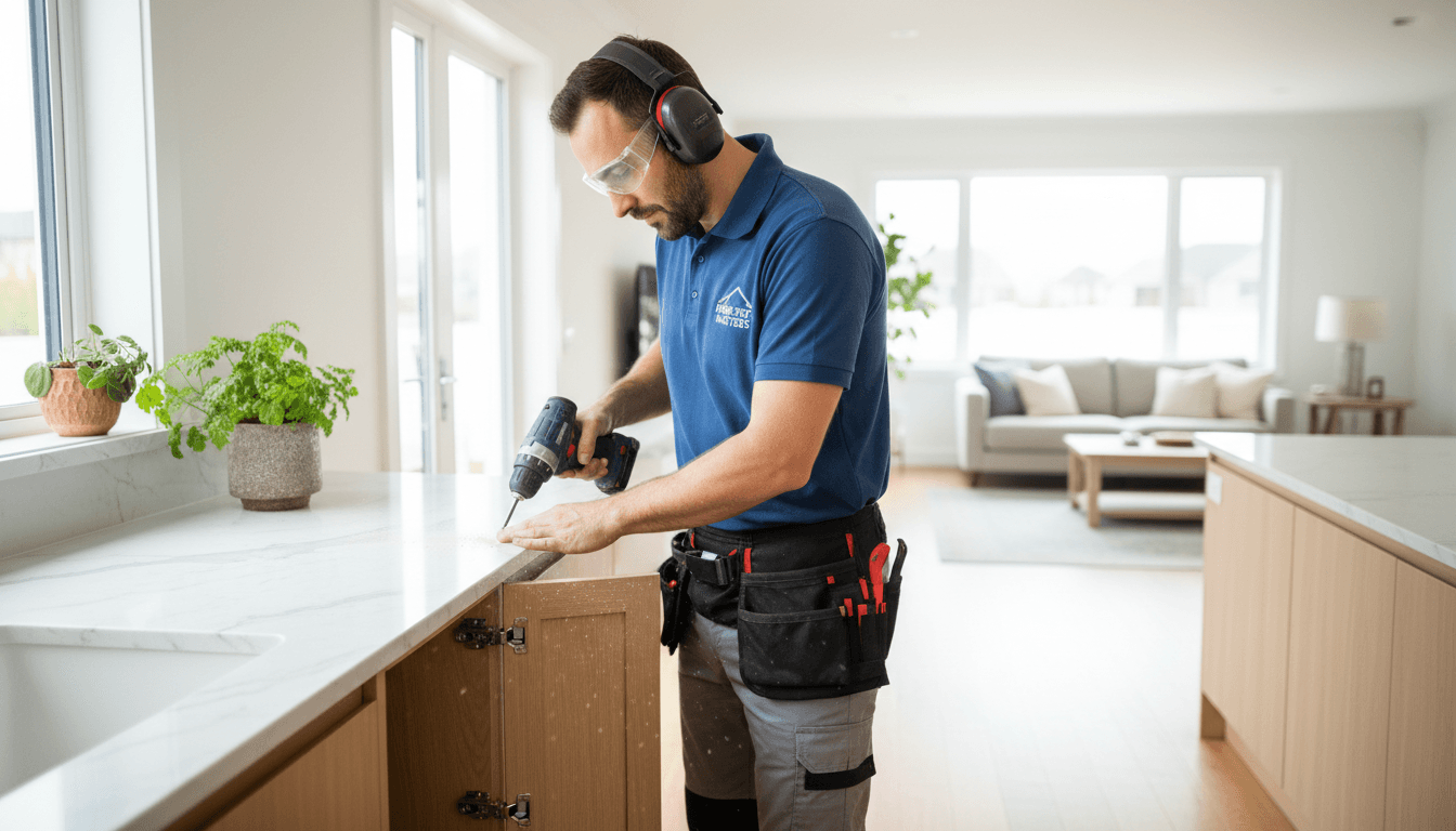 Professional handyman installing cabinet hardware in modern home