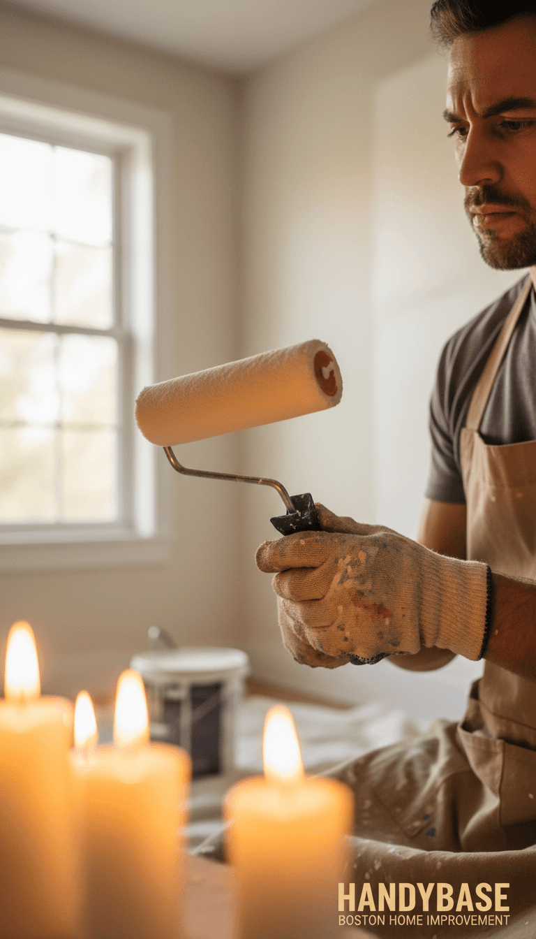 Handyman examining paint roller with attention to detail