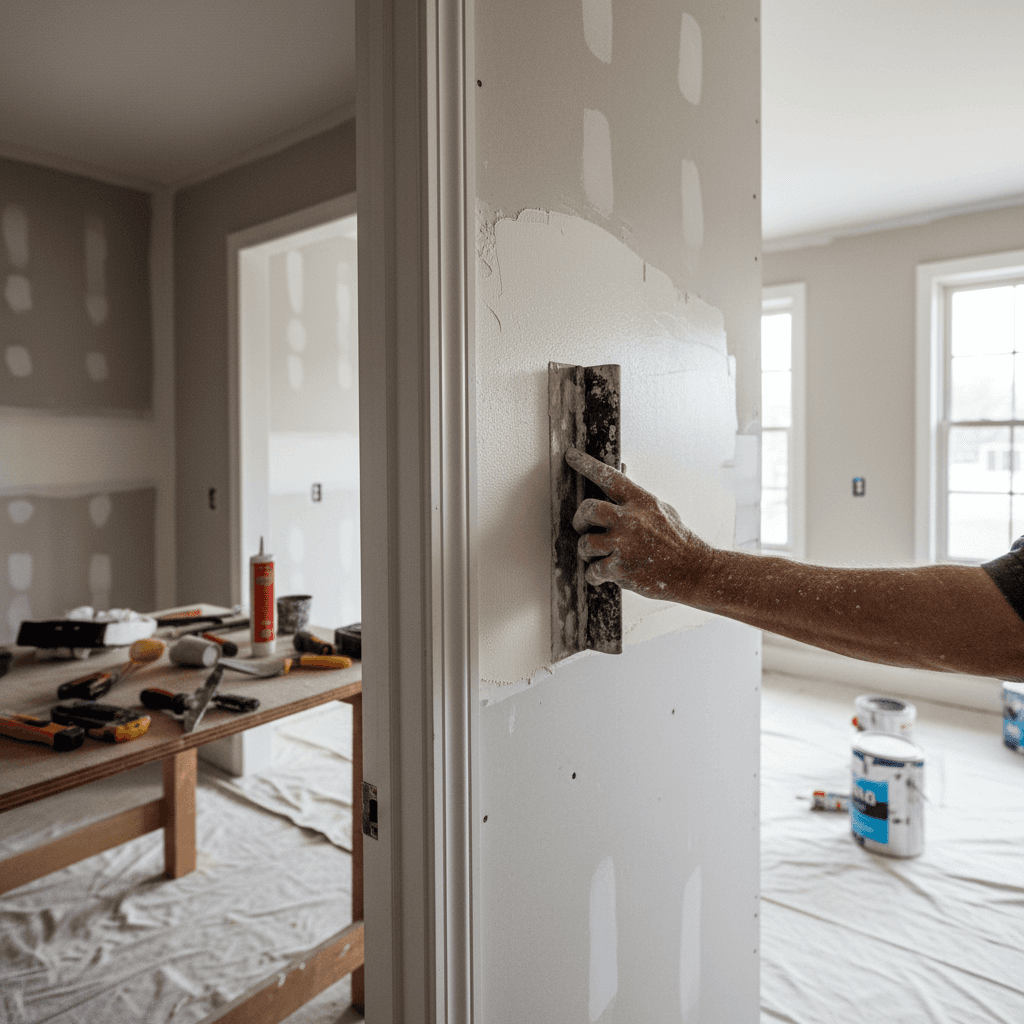 Handyman performing professional drywall repair work