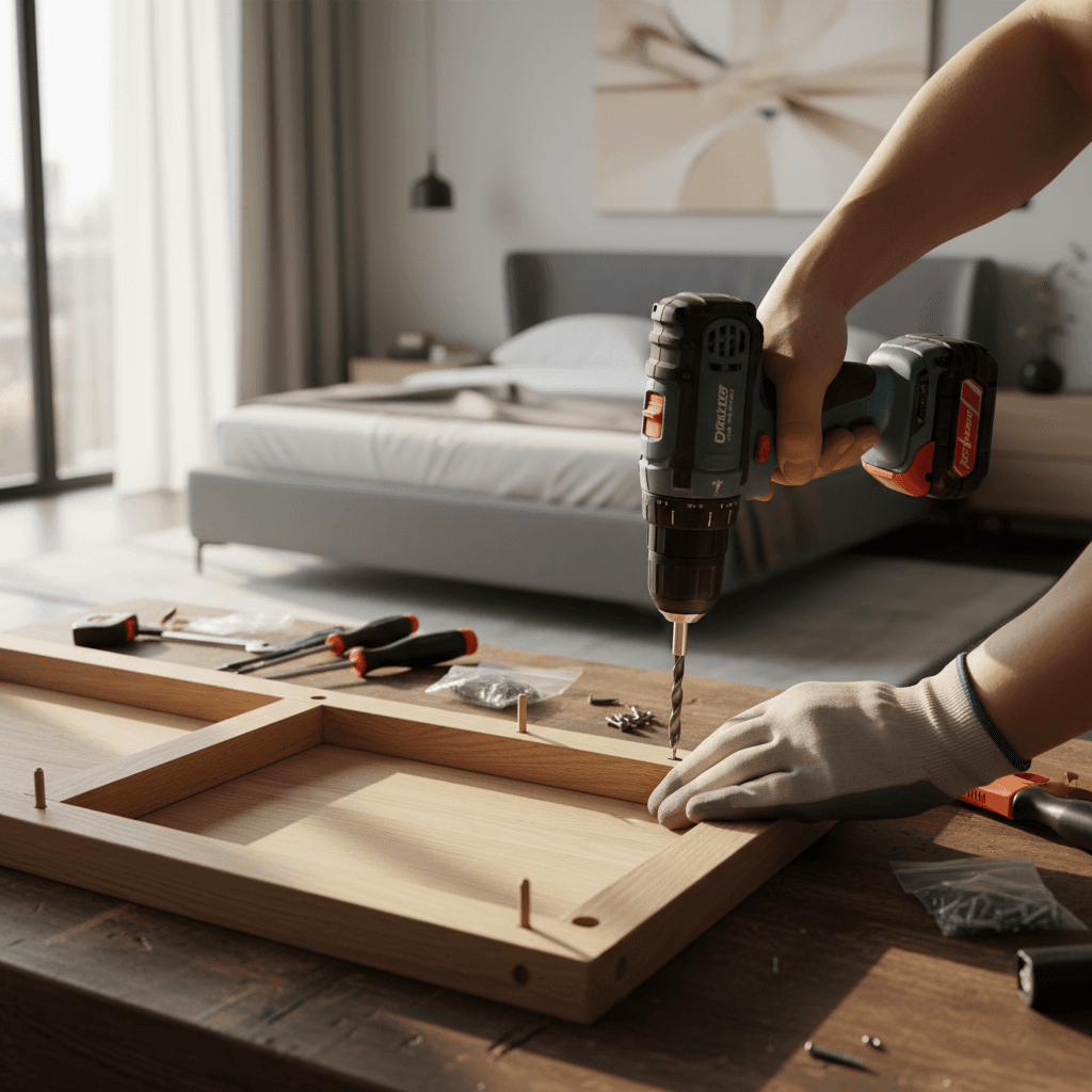Furniture assembly project showing completed bookshelf installation