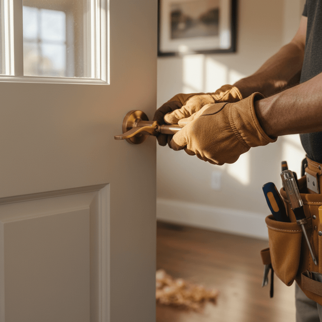 Tradesperson's hands installing door handle fixture with precision in soft natural light on residential interior door