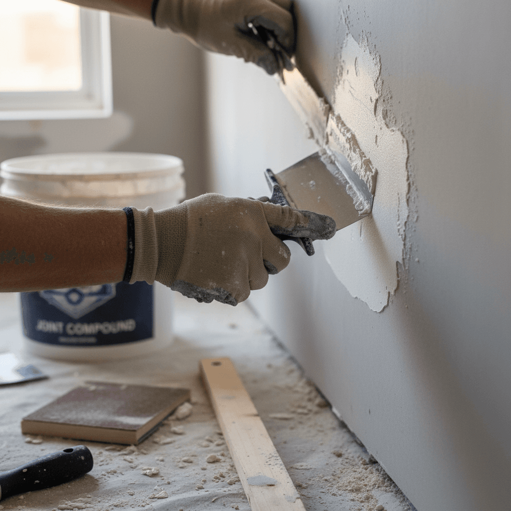 Completed drywall repair and spackling showing seamless finish