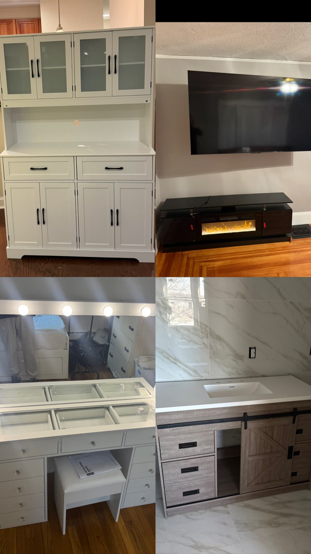Collage showing a white hutch, fireplace TV stand, makeup vanity, and rustic bathroom vanity.